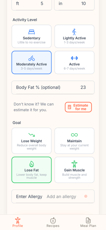 Nutrics profile setup: activity level, body fat and goal