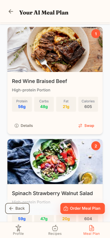 A day of meals with portion profiles and one-tap swaps